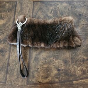 Paolo Masi Brown Mink Fur Leather Clutch Wristlet Purse Bag Tiger Metal